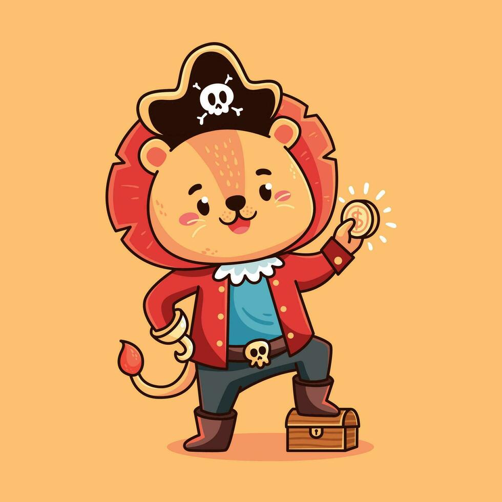 Cartoon pirate lion get gold coin vector