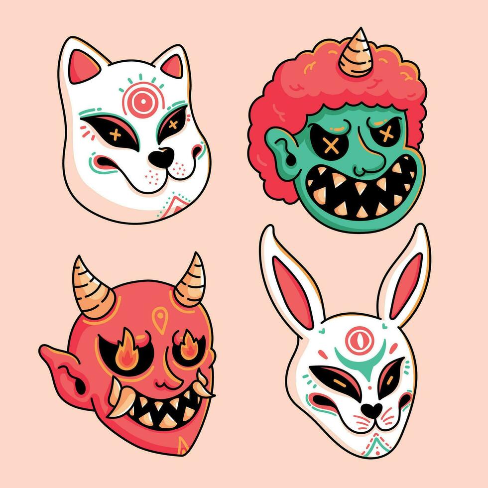 Collection cartoon japanese demon mask vector