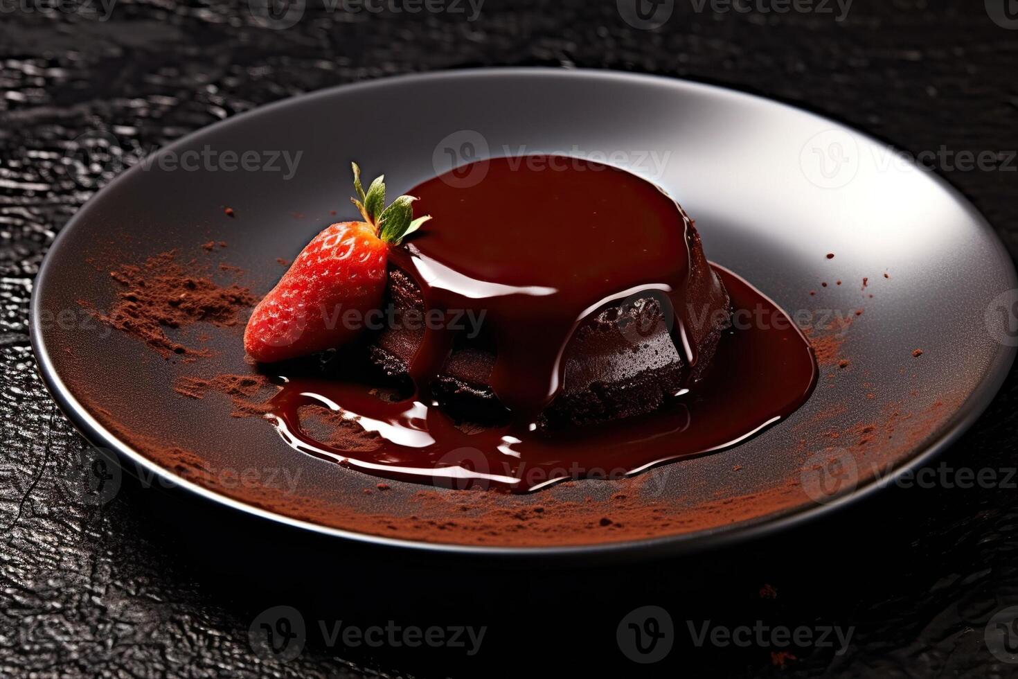 marvelous chocolate pudding on a plate, black background, illustration, photo