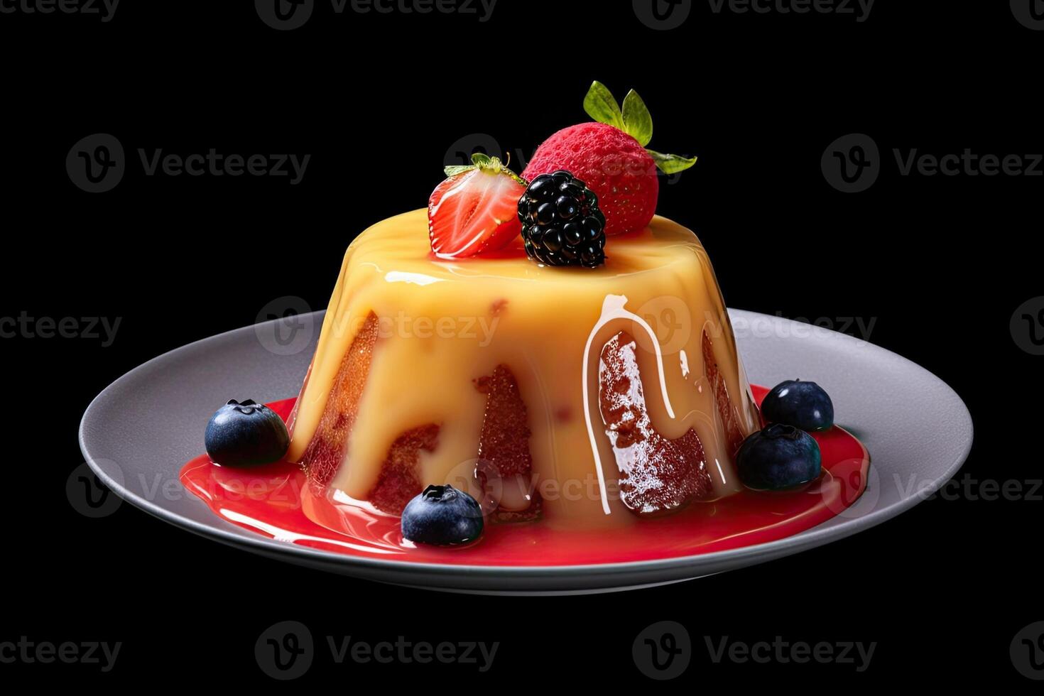 fruit pudding on a plate, black background, illustration, photo