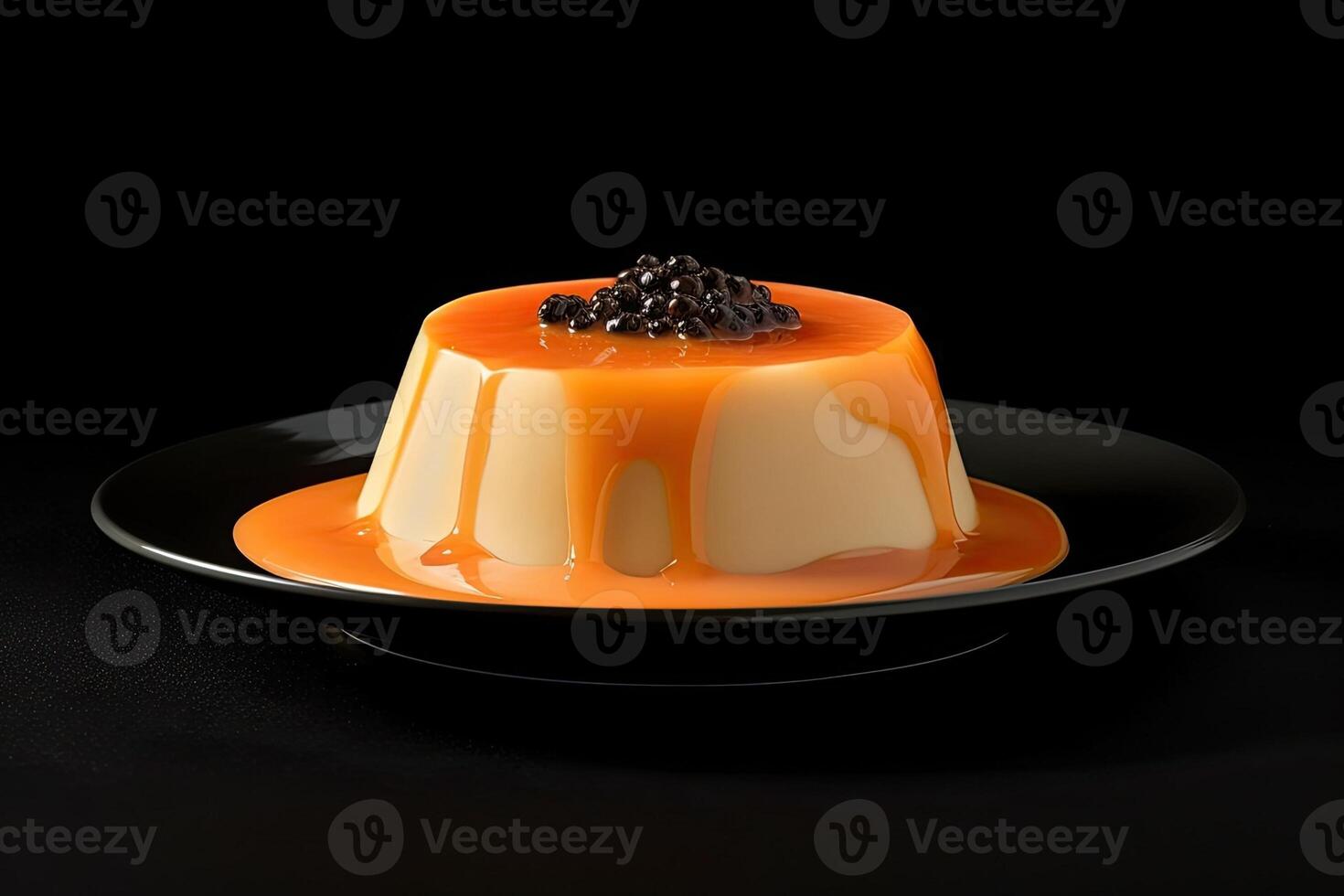 tasty papaya pudding on a plate, black background, illustration, photo