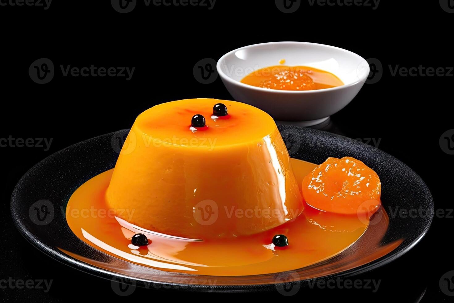 good orange pudding on a plate, black background, illustration, photo