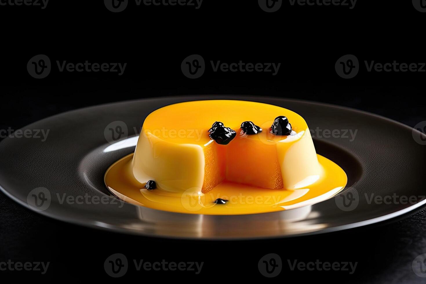 marvelous mango pudding on a plate, black background, illustration, photo