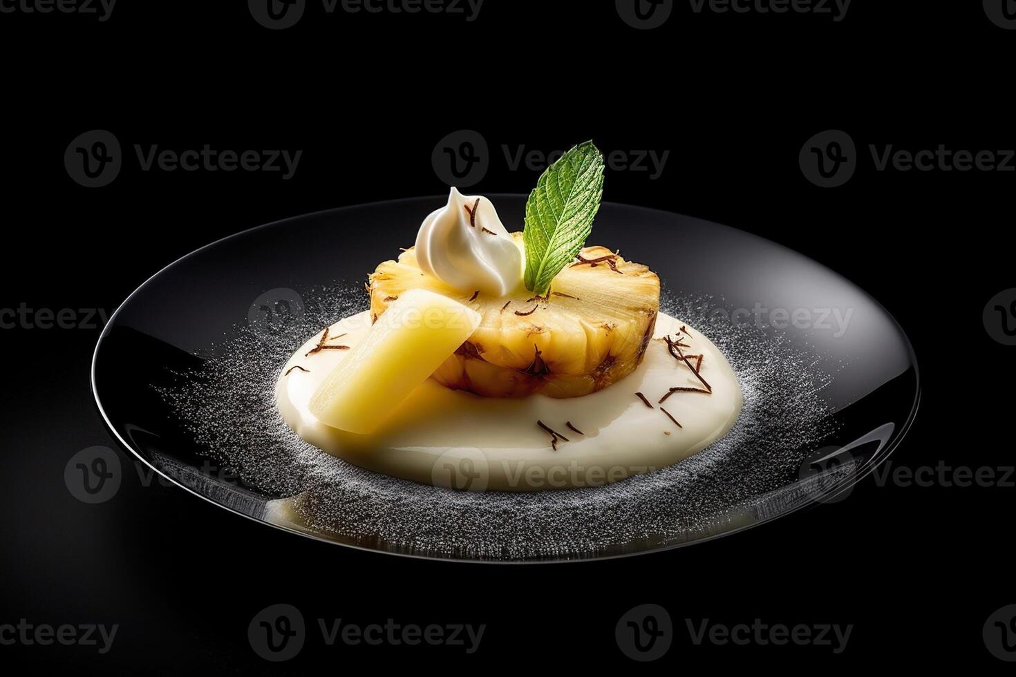 tasty pinapple pudding on a plate, black background, illustration, generative ai photo