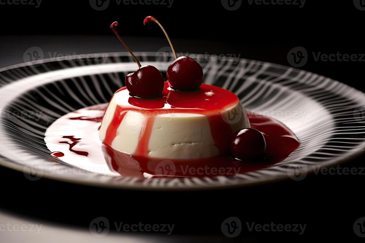 cherry pannacotta on a plate, black background, illustration, photo