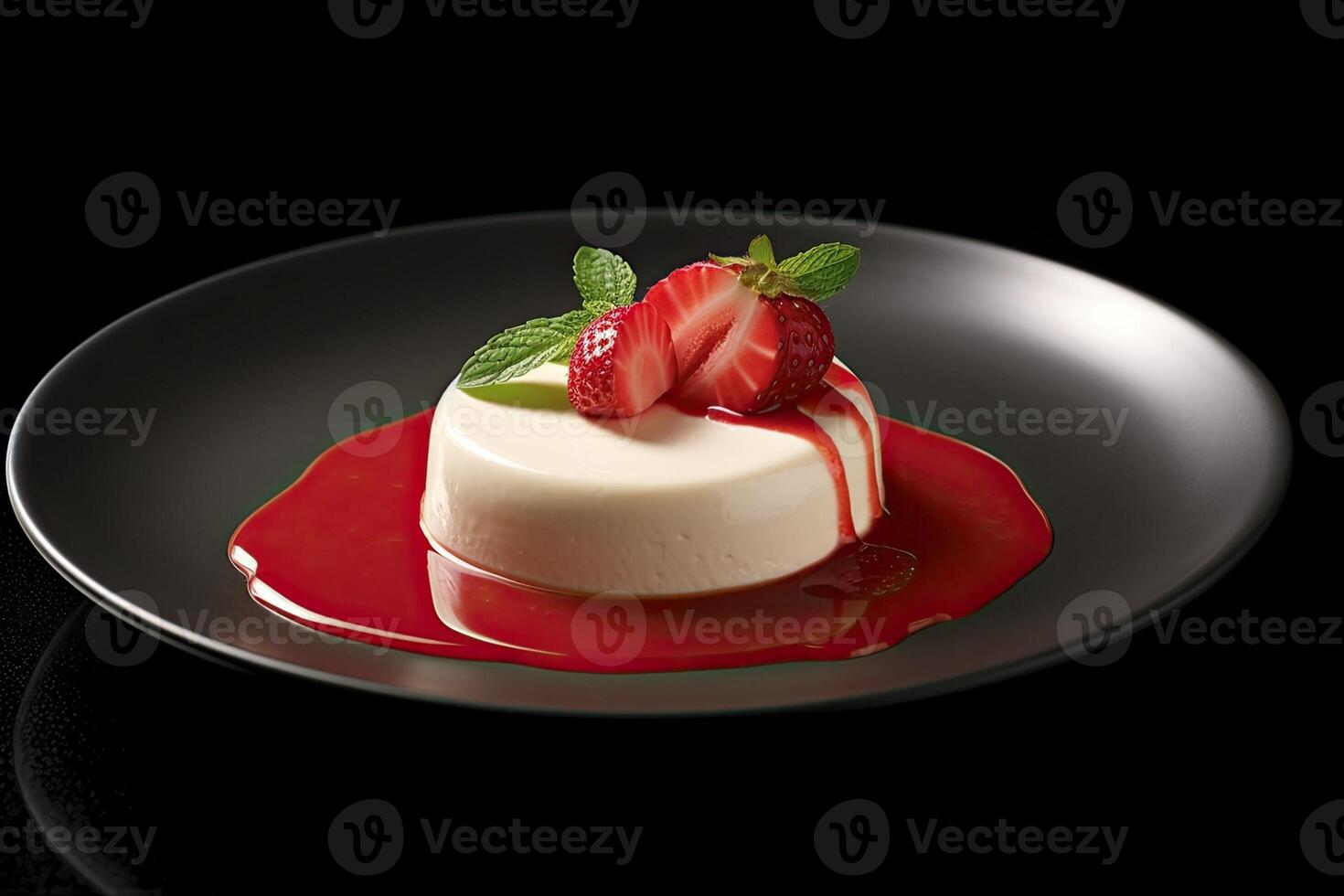 strawberry pannacotta on a plate, black background, illustration, photo