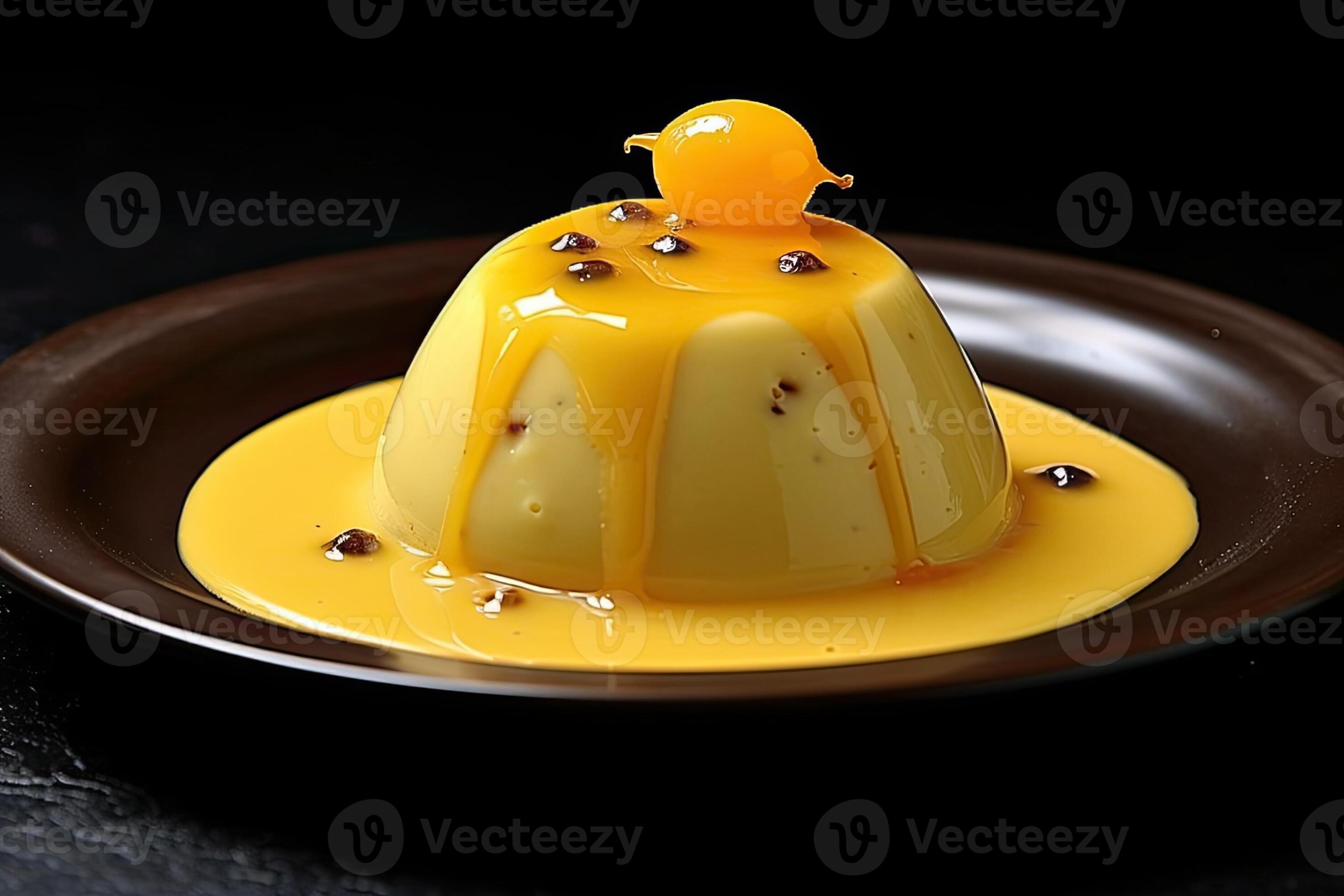 tasty maracuja pudding a plate, black background, illustration ...