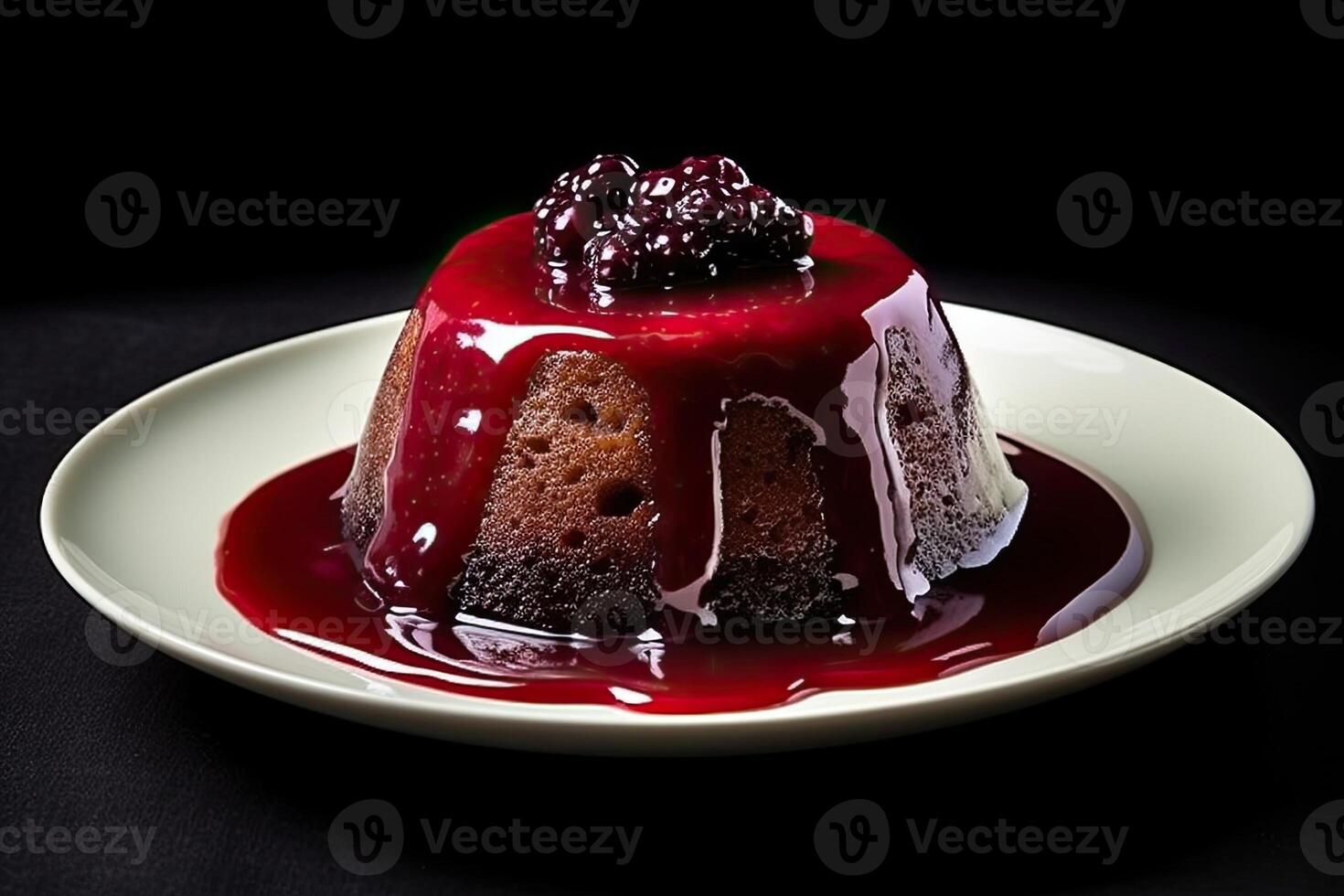 marvelous currant pudding on a plate, black background, illustration, photo