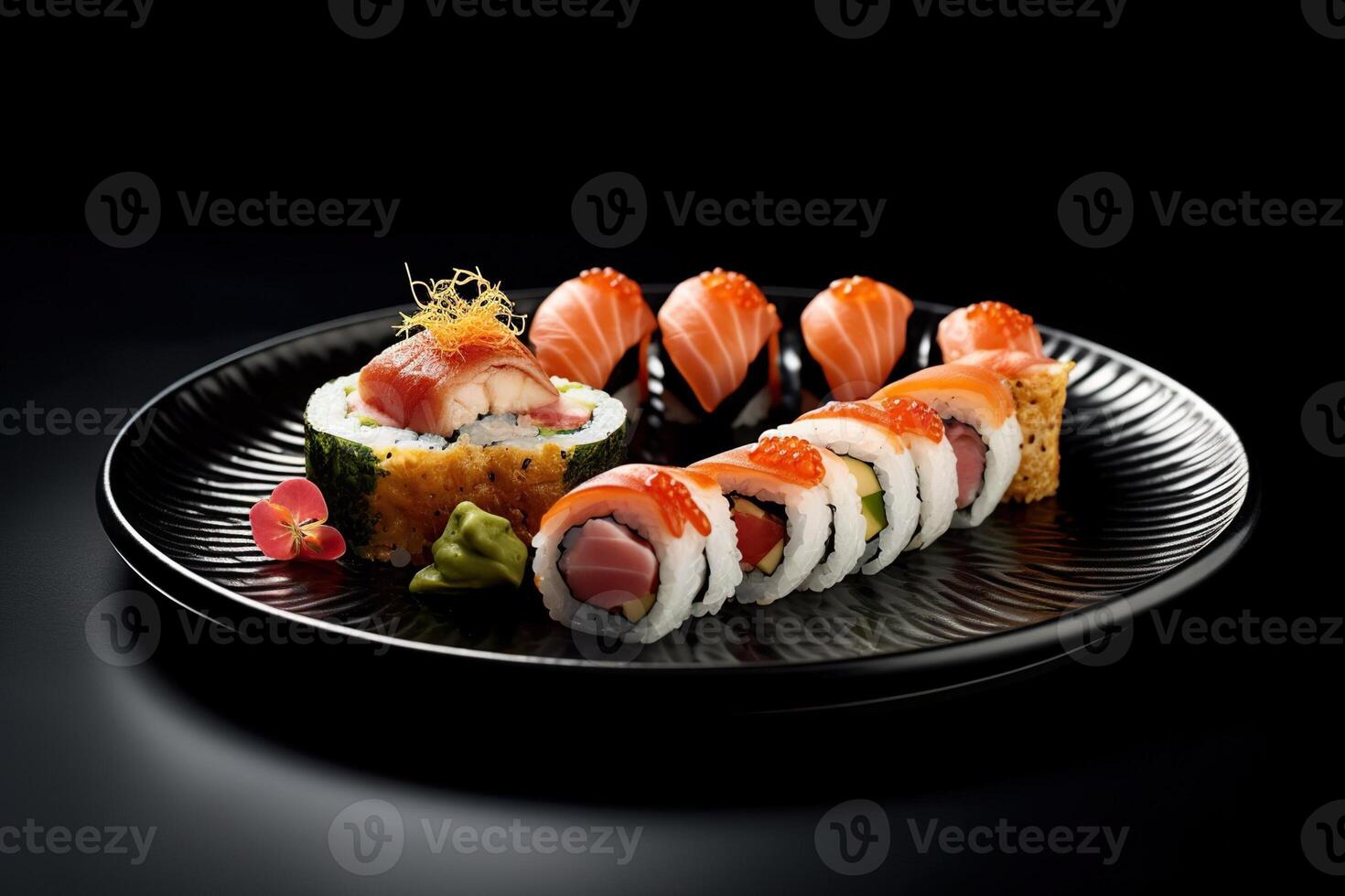 sushi on a plate, black background, illustration, photo