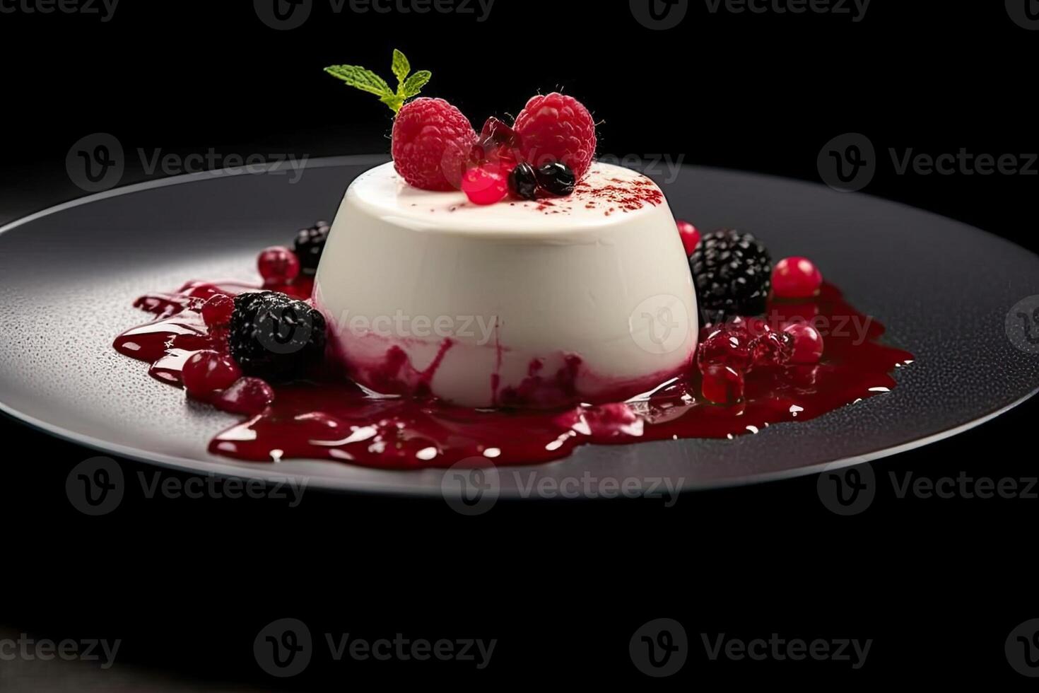 tasty raspberry pannacotta on a plate, black background, photo