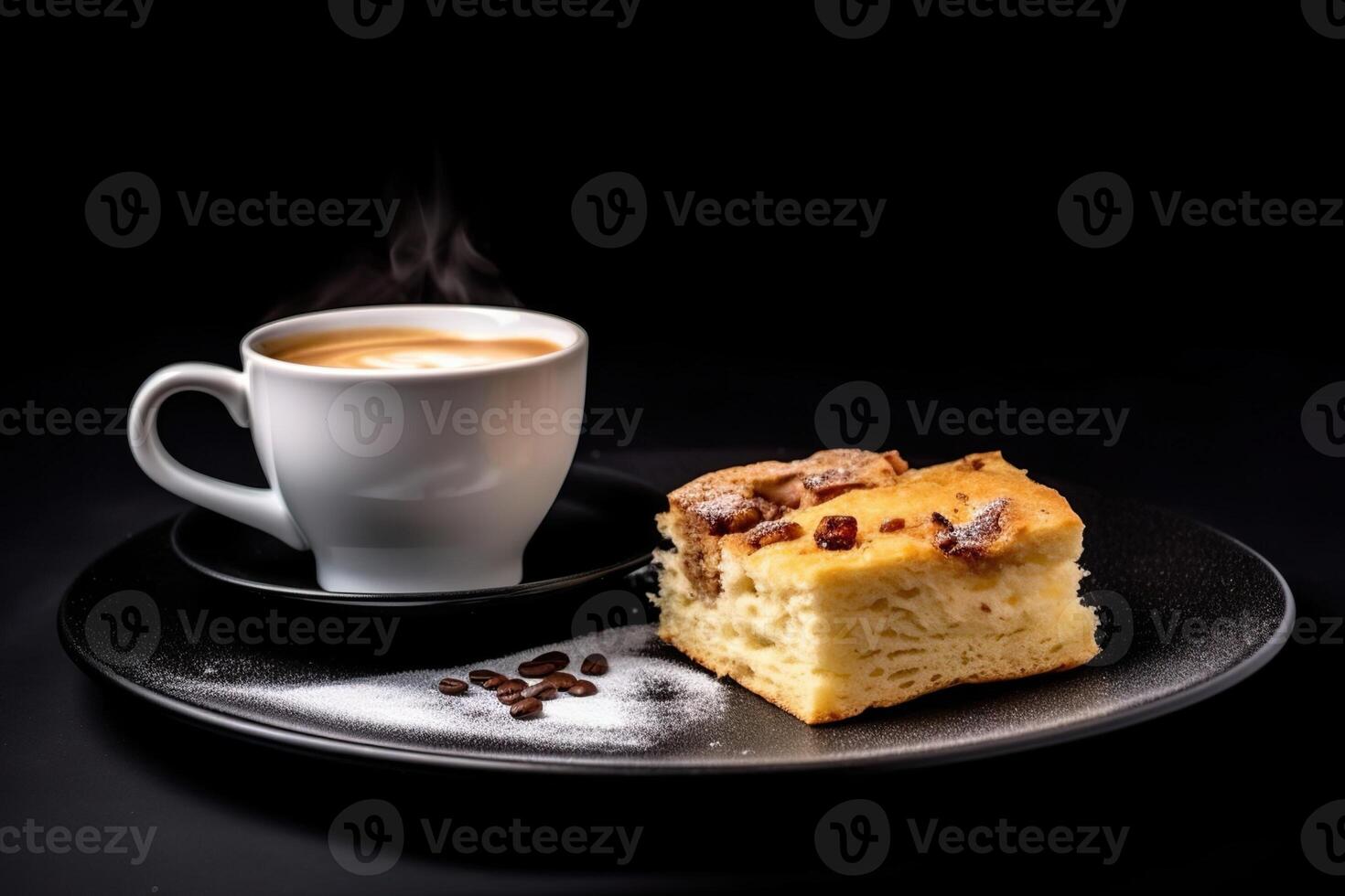 marvelous focaccia genovese and cappuccino pudding on a plate, black background, illustration, photo