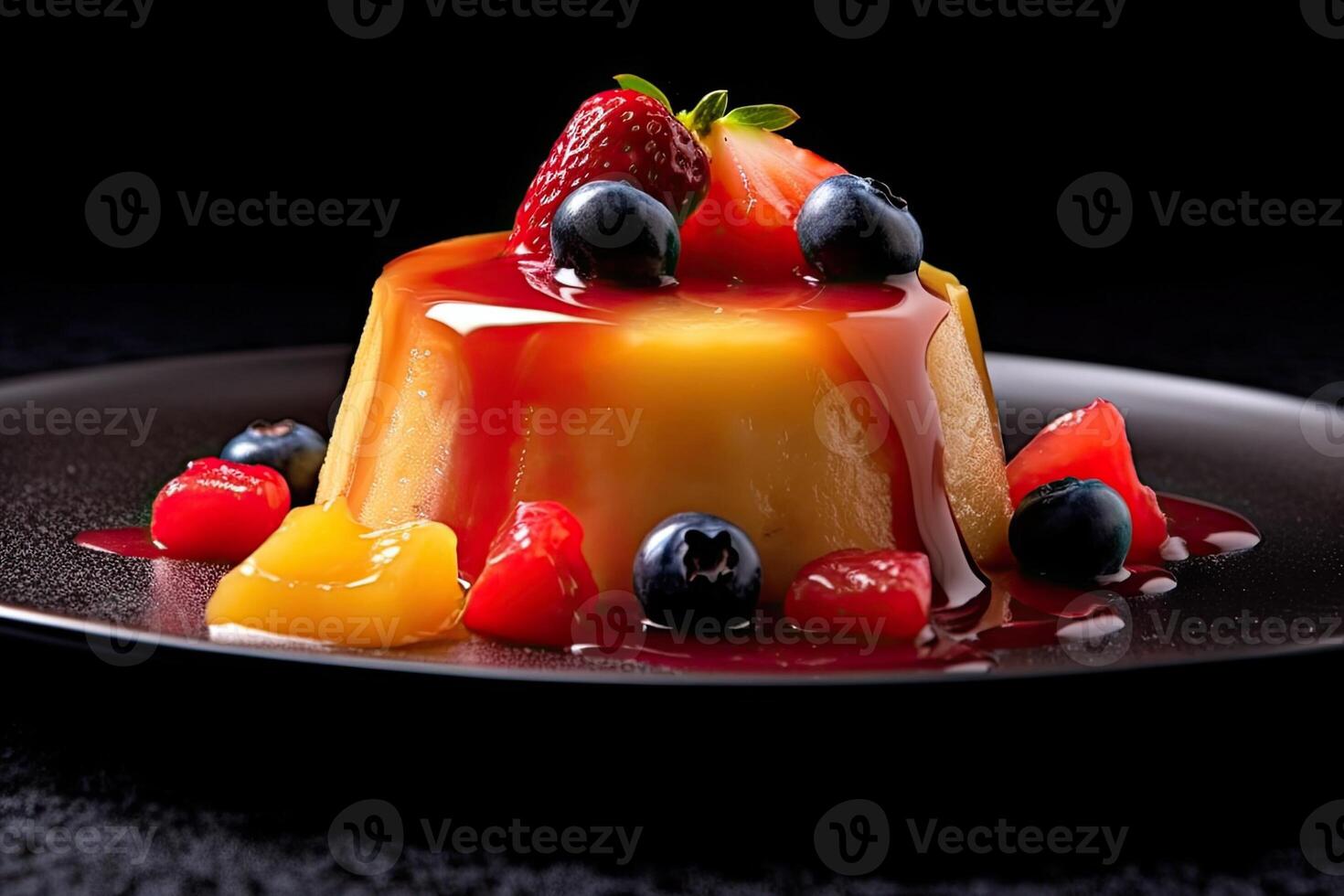 marvelous fruit pudding on a plate, black background, illustration, photo