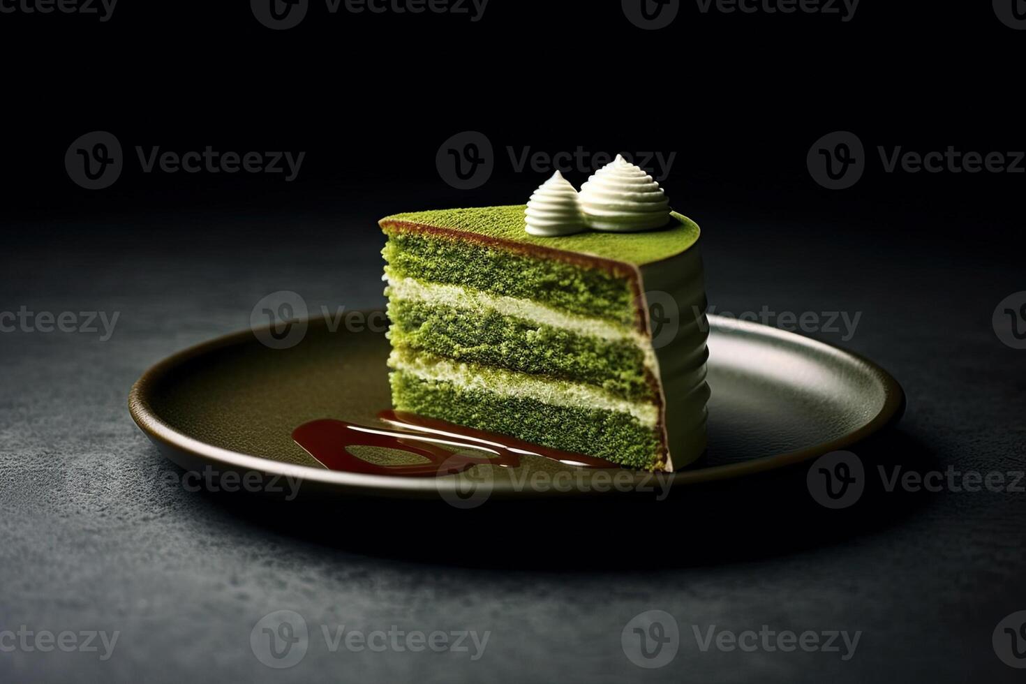 marvelous matcha cheesecake on a plate, black background, illustration, photo