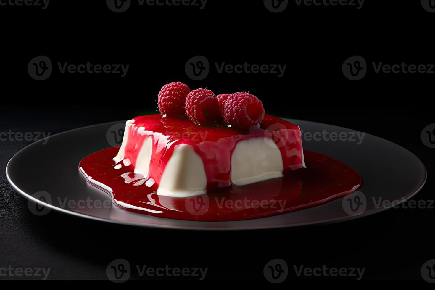 tasty raspberry pudding on a plate, black background, illustration, photo