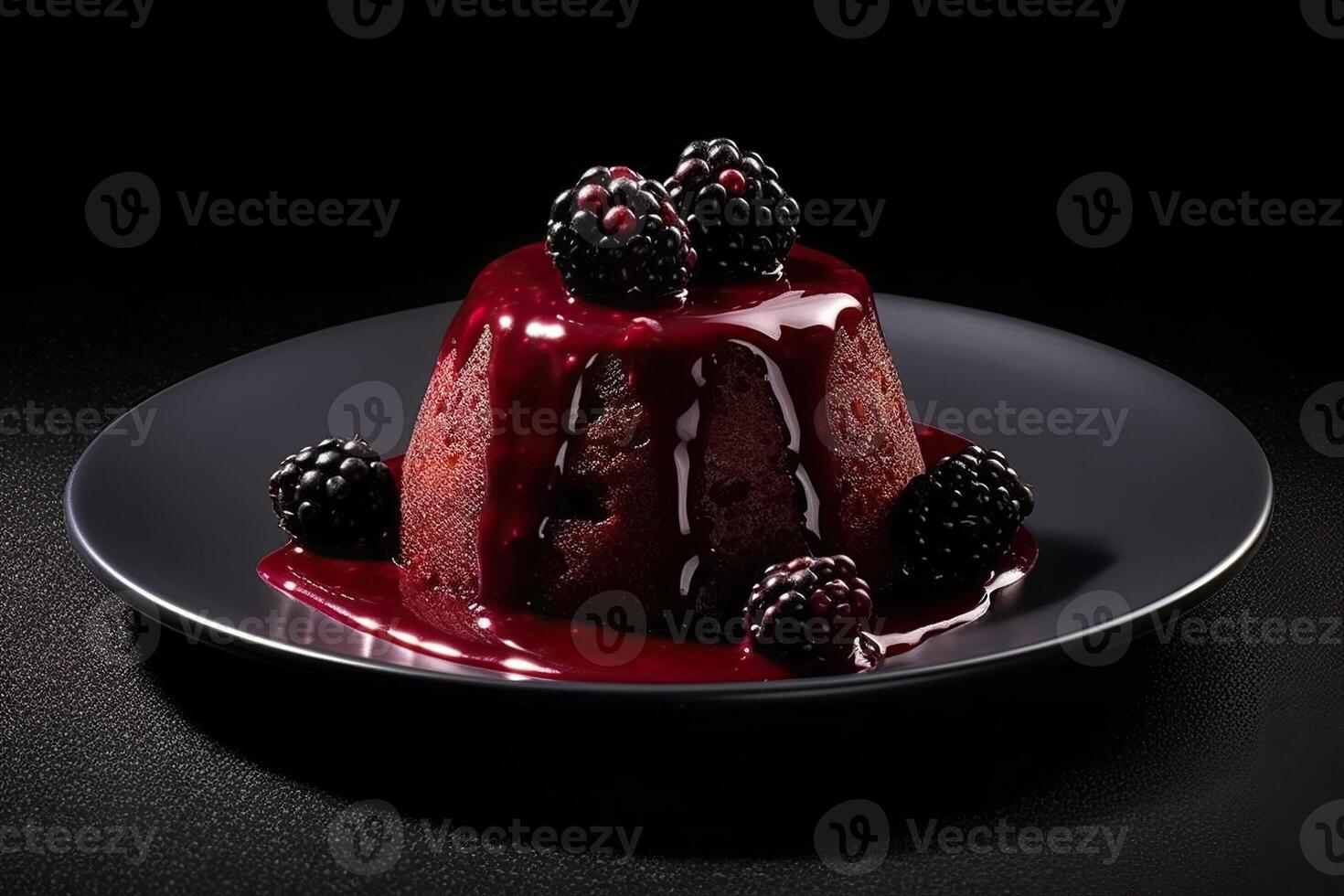 mulberry pudding on a plate, black background, illustration, photo