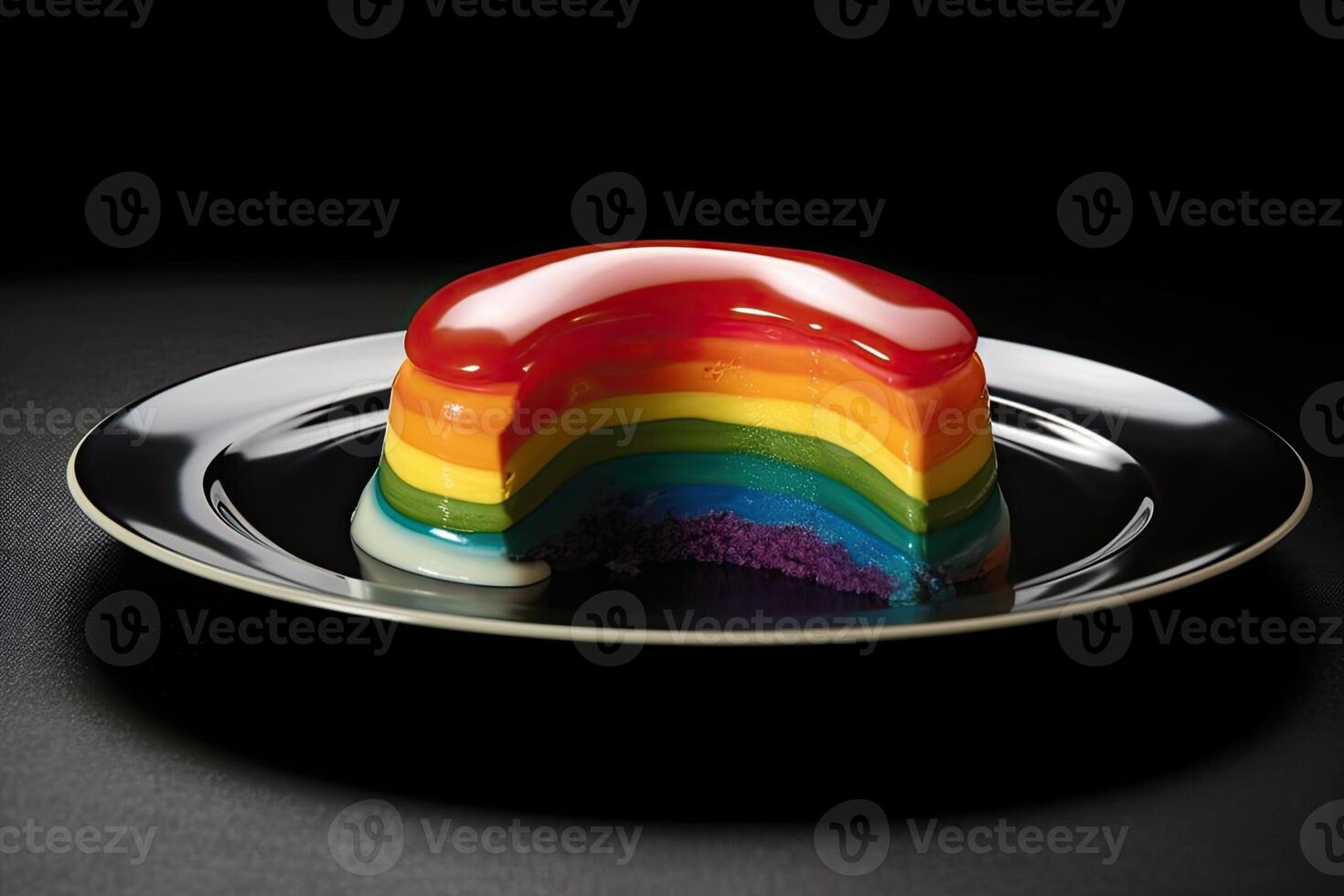 rainbow pudding on a plate, black background, illustration, photo