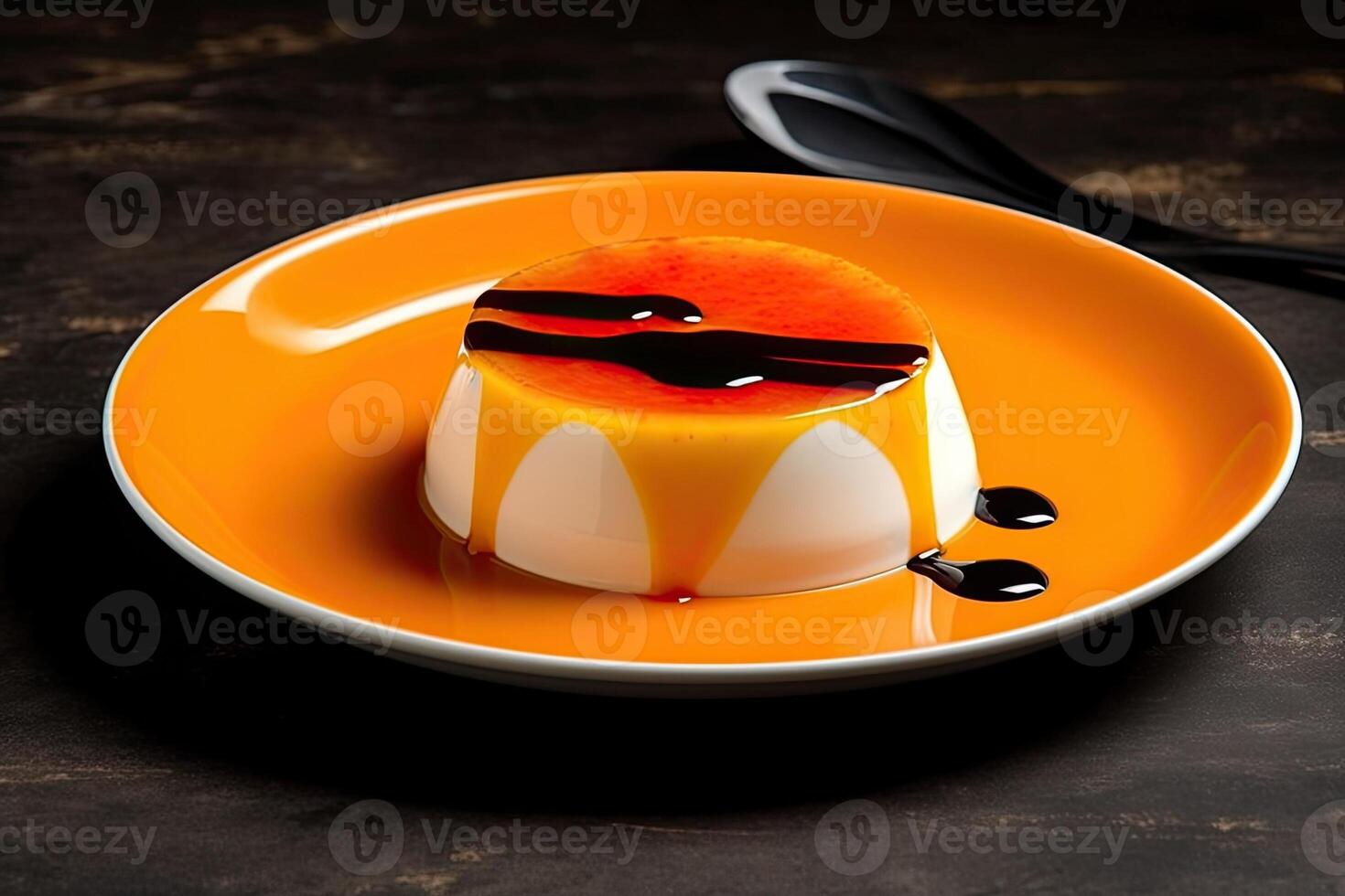 delicious orange pudding on a plate, black background, illustration, photo