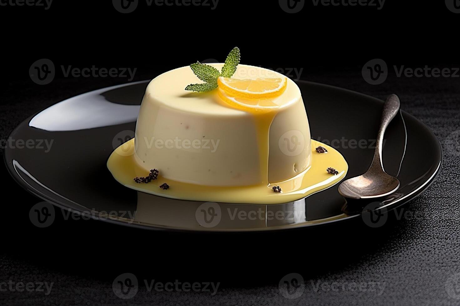 beautiful lemon pannacotta a plate, black background, illustration, photo