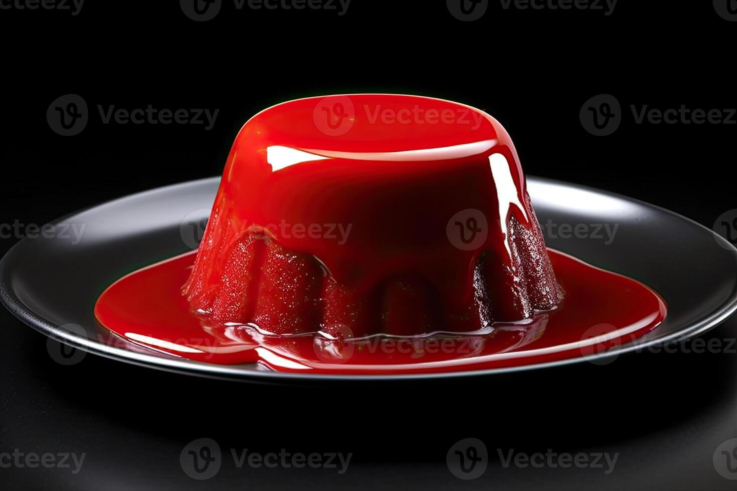 marvelous red pudding on a plate, black background, illustration, photo