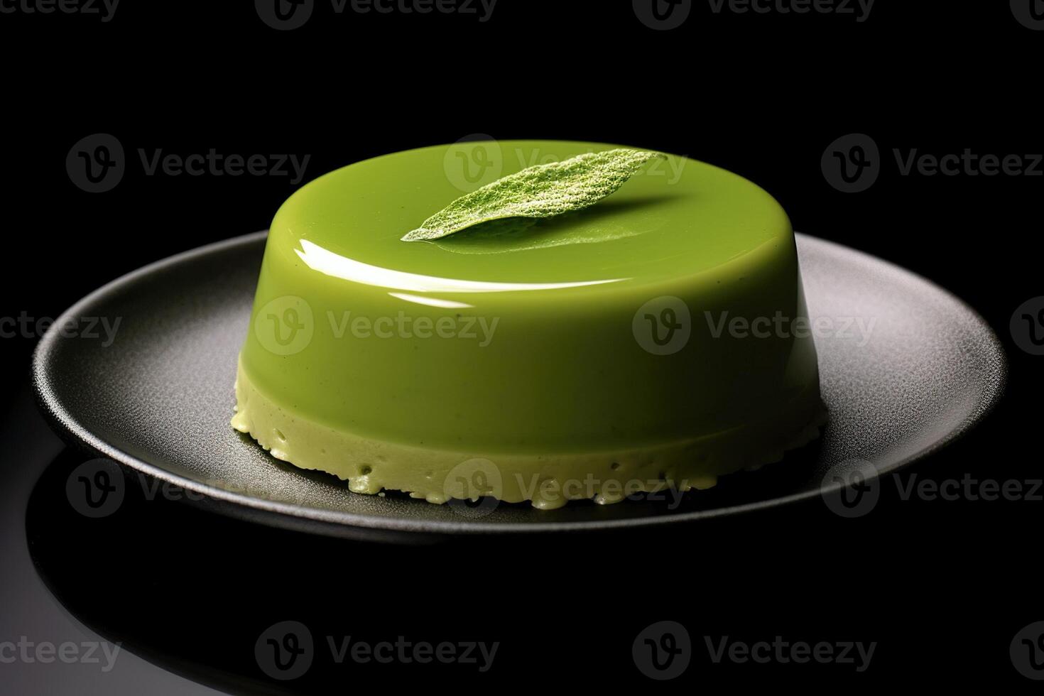 fresh matcha pannacotta on a plate, black background, illustration, photo