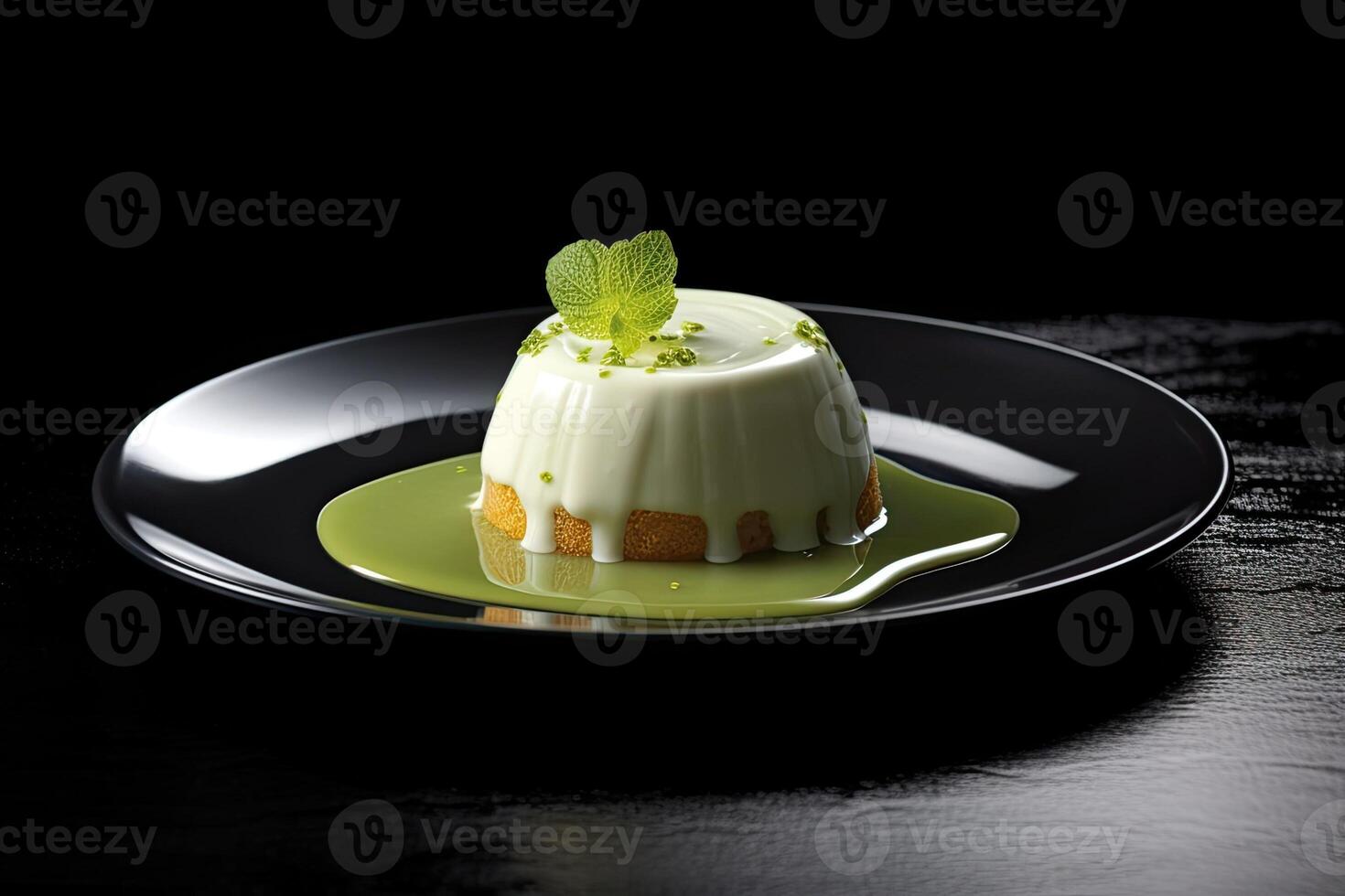 tasty lime pannacotta a plate, black background, illustration, photo