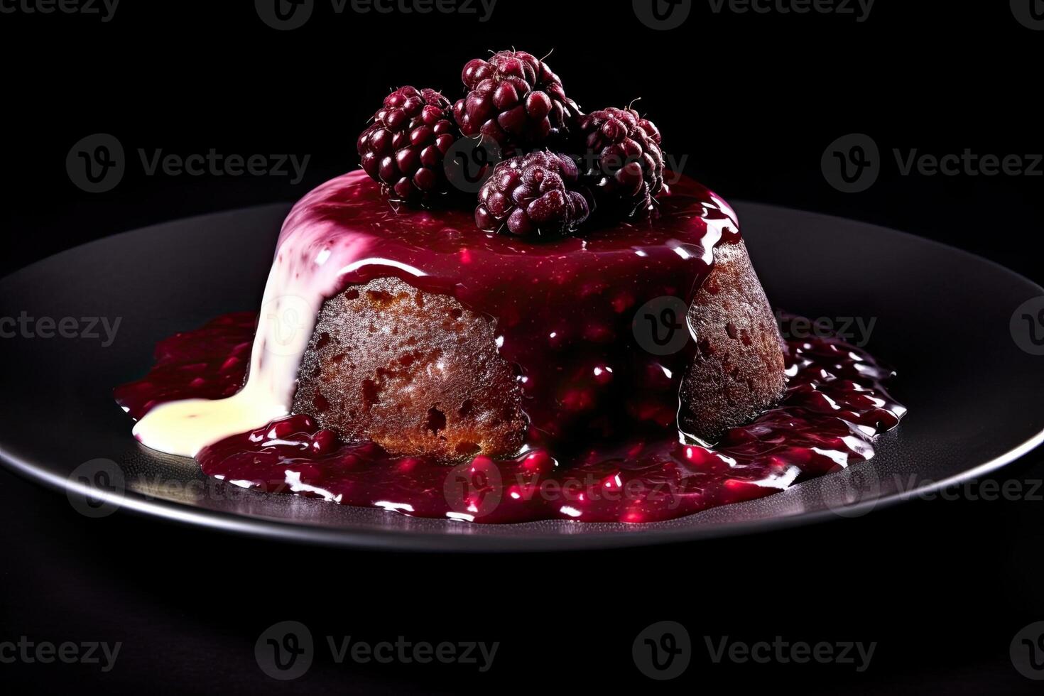 delicious mulberry pudding on a plate, black background, illustration, photo