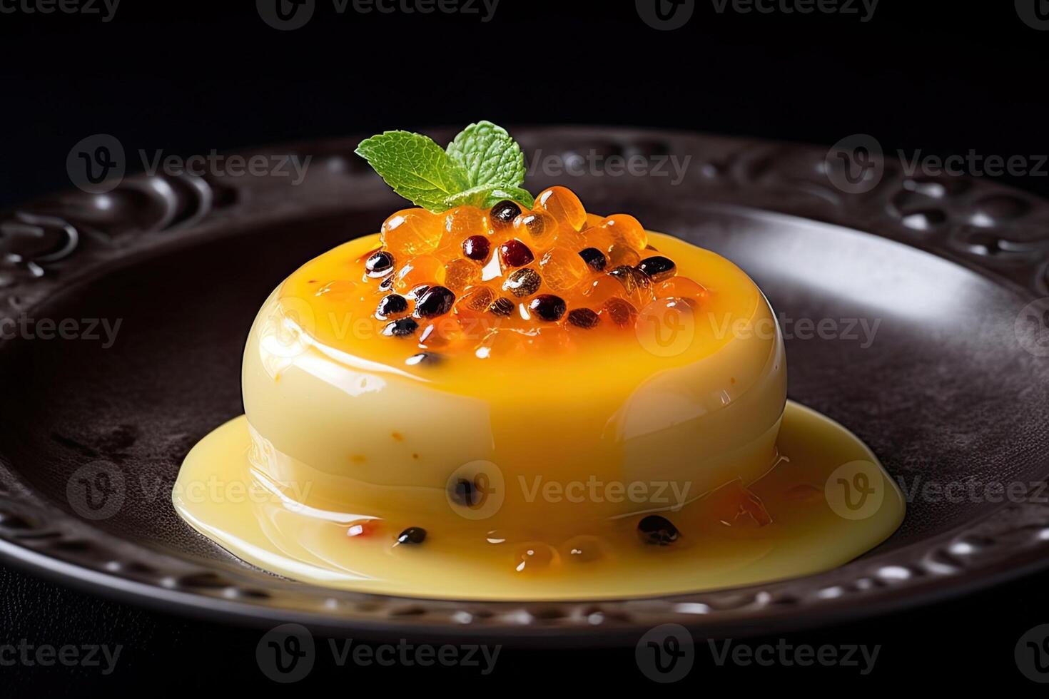 tasty passion fruit pudding on a plate, black background, illustration, photo