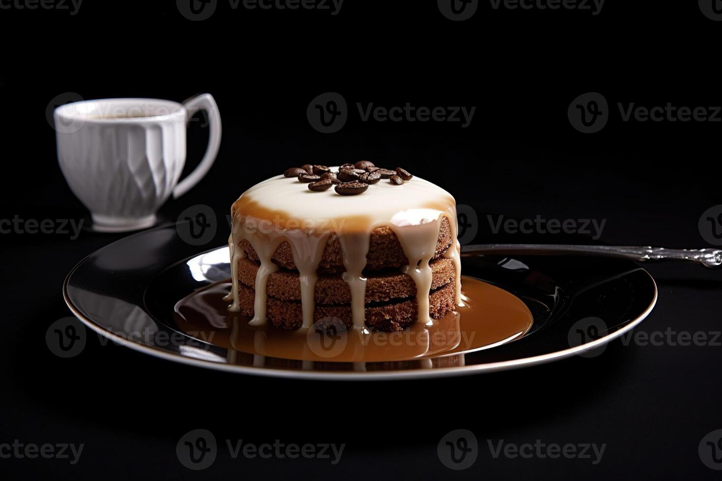 marvelous coffee pudding on a plate, black background, illustration, photo