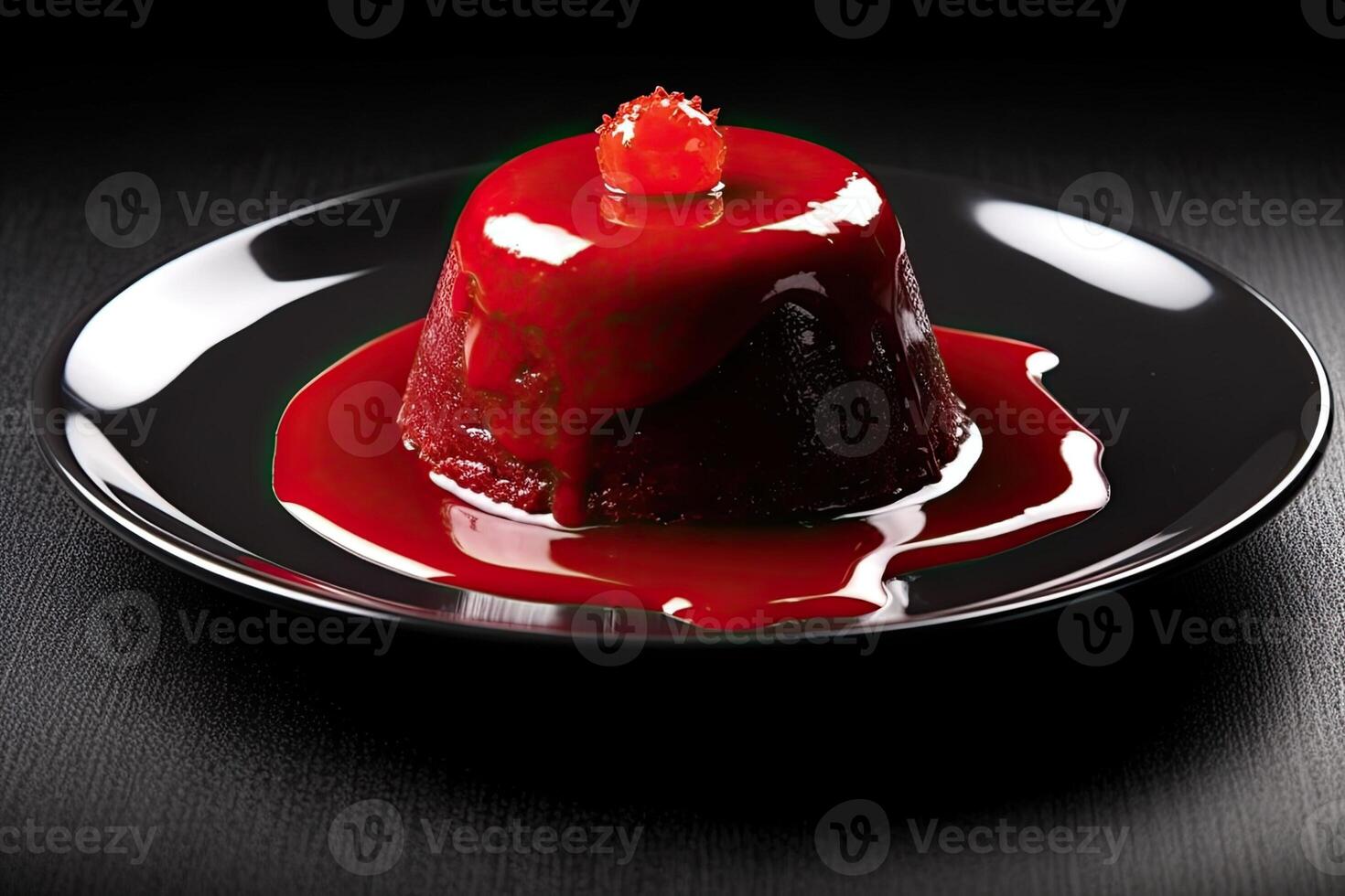 marvelous red pudding on a plate, black background, illustration, photo