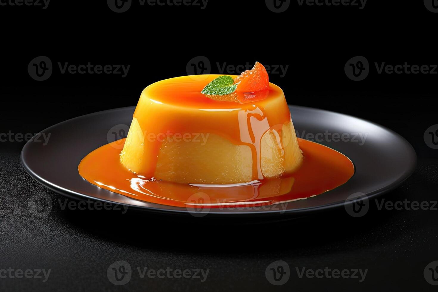 fresh orange pudding on a plate, black background, illustration, photo