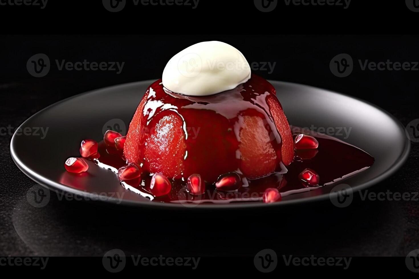 tasty pomegranate pudding on a plate, black background, illustration, photo