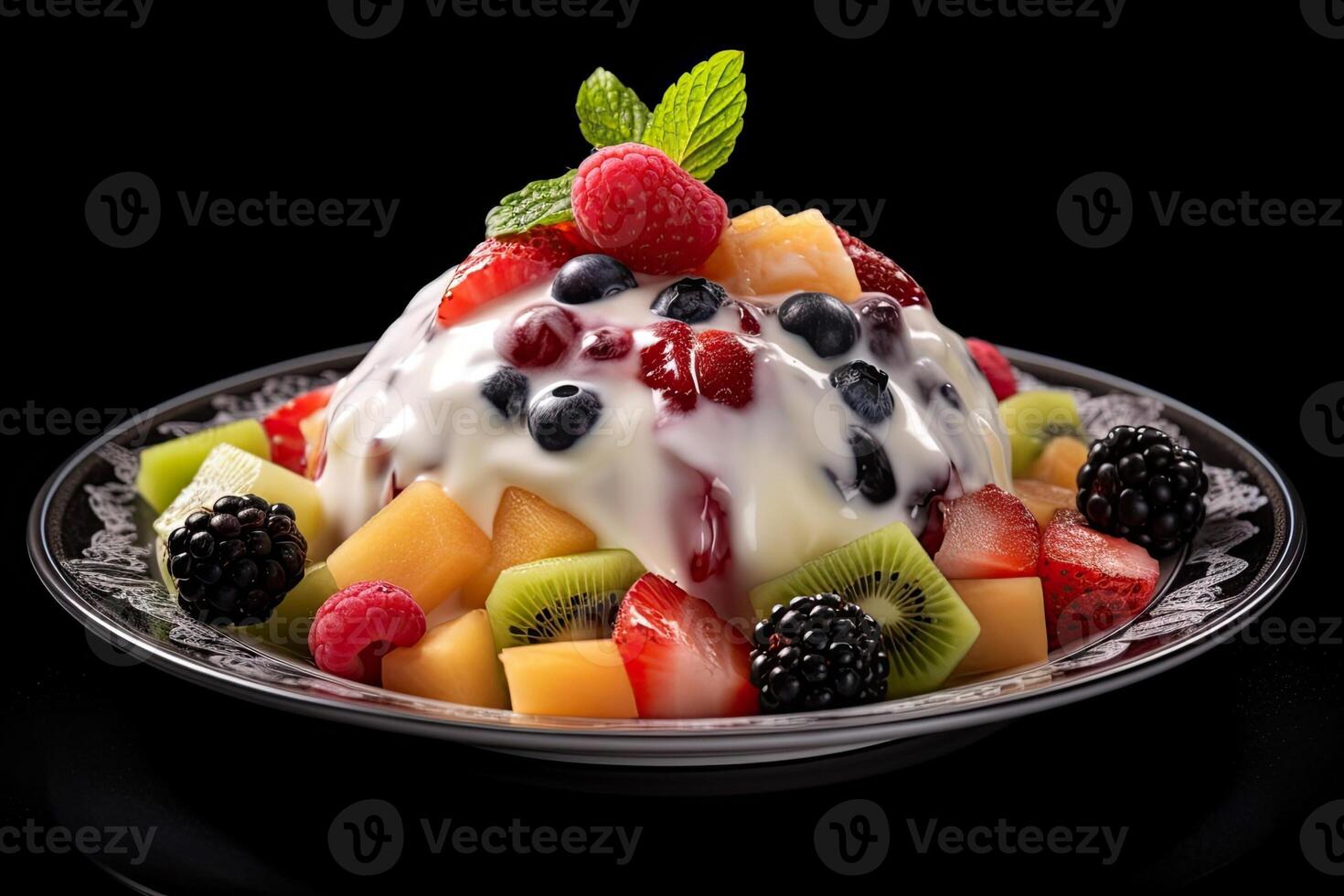 marvelous fruit salad pudding on a plate, black background, illustration, photo