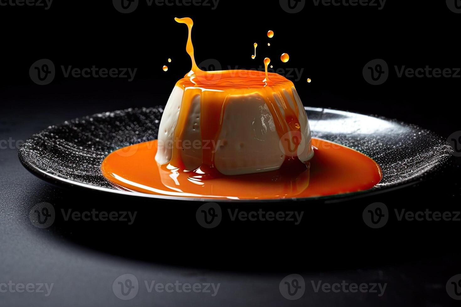 orange pannacotta on a plate, black background, illustration, photo