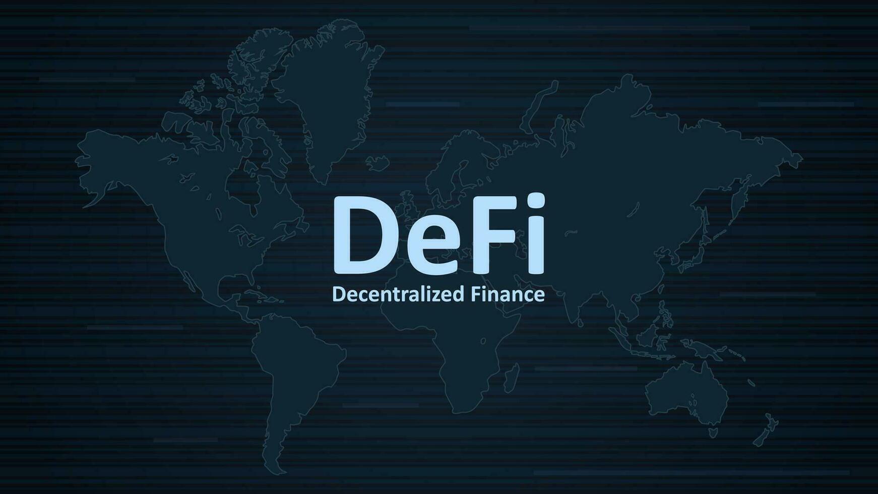 Text DeFi decentralized finance on dark background with world map. An ecosystem of financial applications and services based on public blockchains. Vector EPS 10.