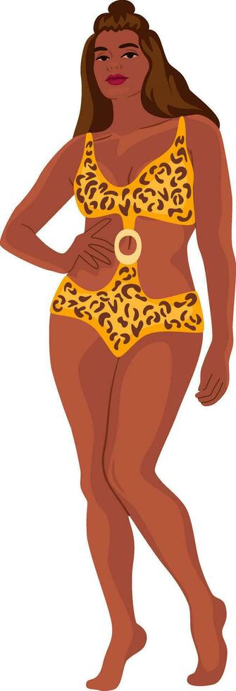 African female model in trendy swimming suit. Plus size woman, full height, isolated on white background. Body positivity concept. vector