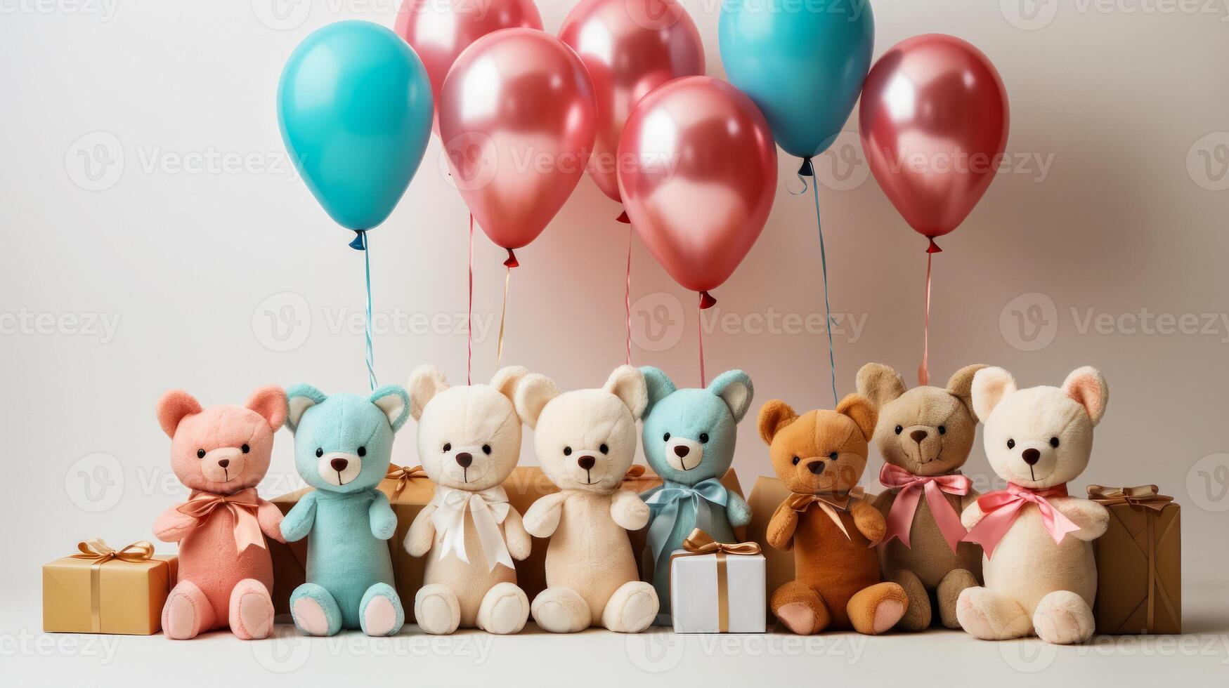 Teddy bears, gifts and balloons, party invitation banner or poster idea. Gender reveal. photo