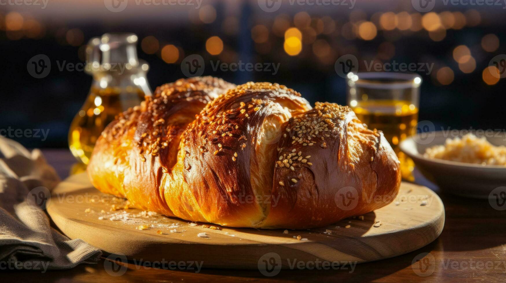 Freshly baked bread against the backdrop of old city at night. Farm pastries close-up. AI generated photo