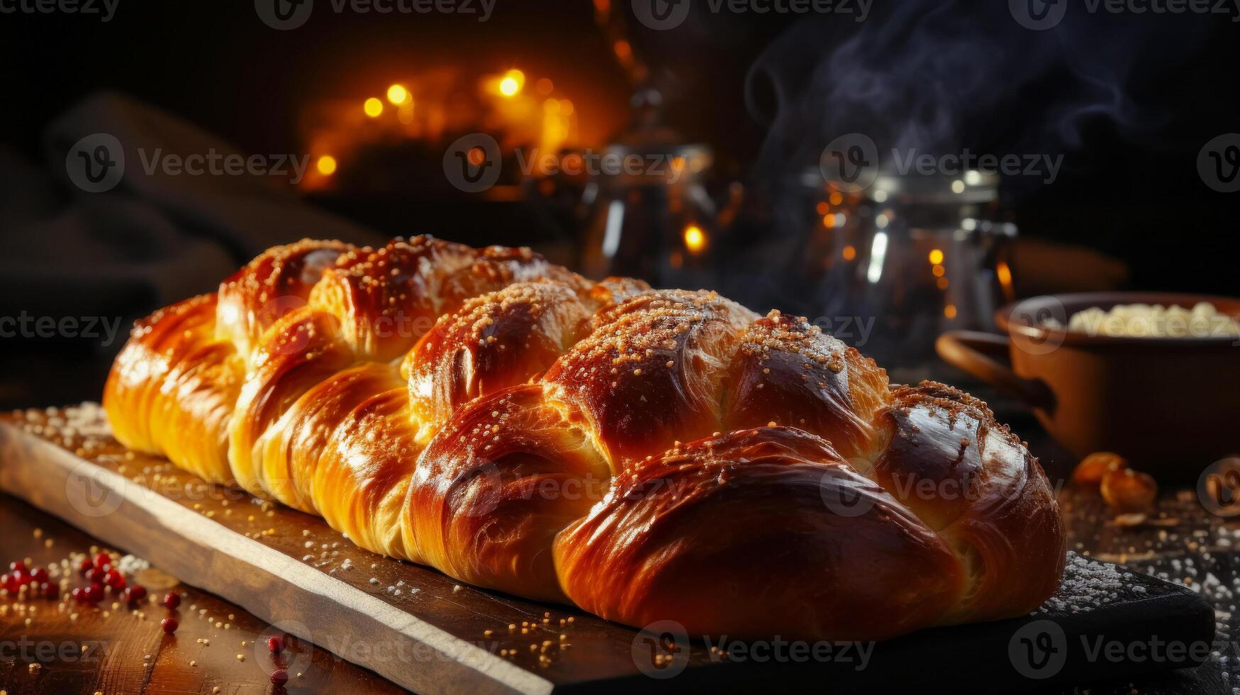 Freshly baked challah from the oven on table. Steam rises over festive bread. Close-up. AI generated photo