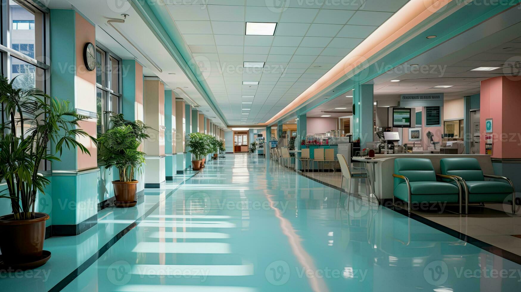 interior de corredor de moderno médico centro, natural Encendiendo. hospital proyecto idea. ai generado foto