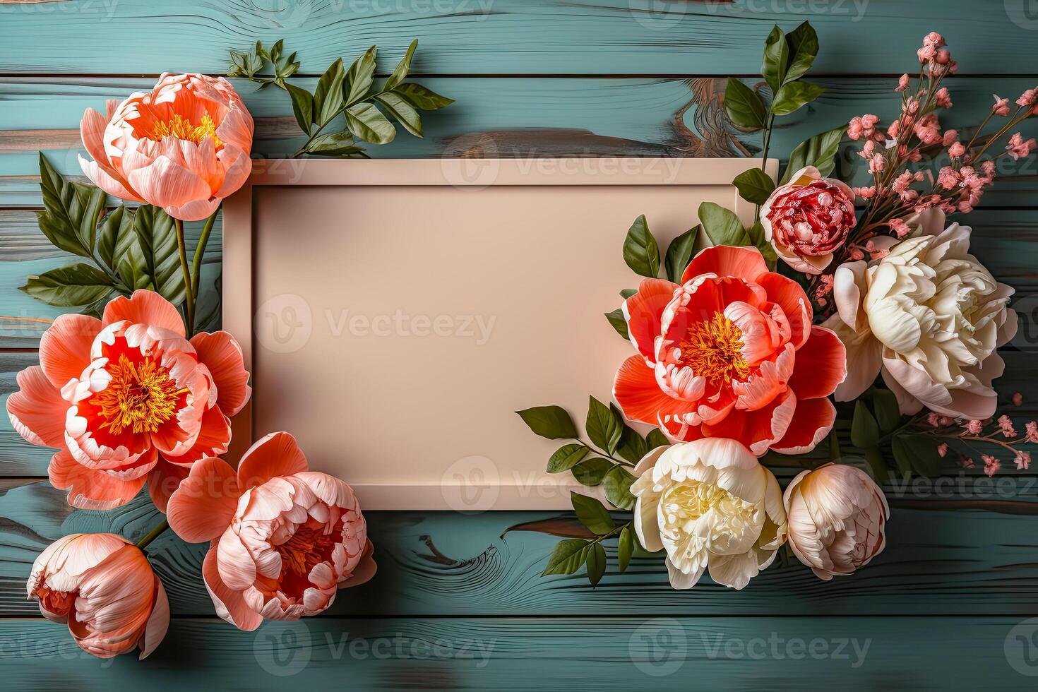 Mockup with delicate peonies on blue wooden table with frame, flat lay. Flower card photo
