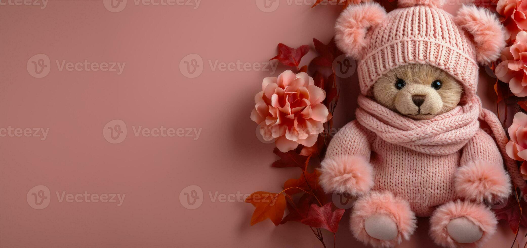 Gender reveal, teddy bear and pink flowers, invitation card idea with copy space. AI generated photo