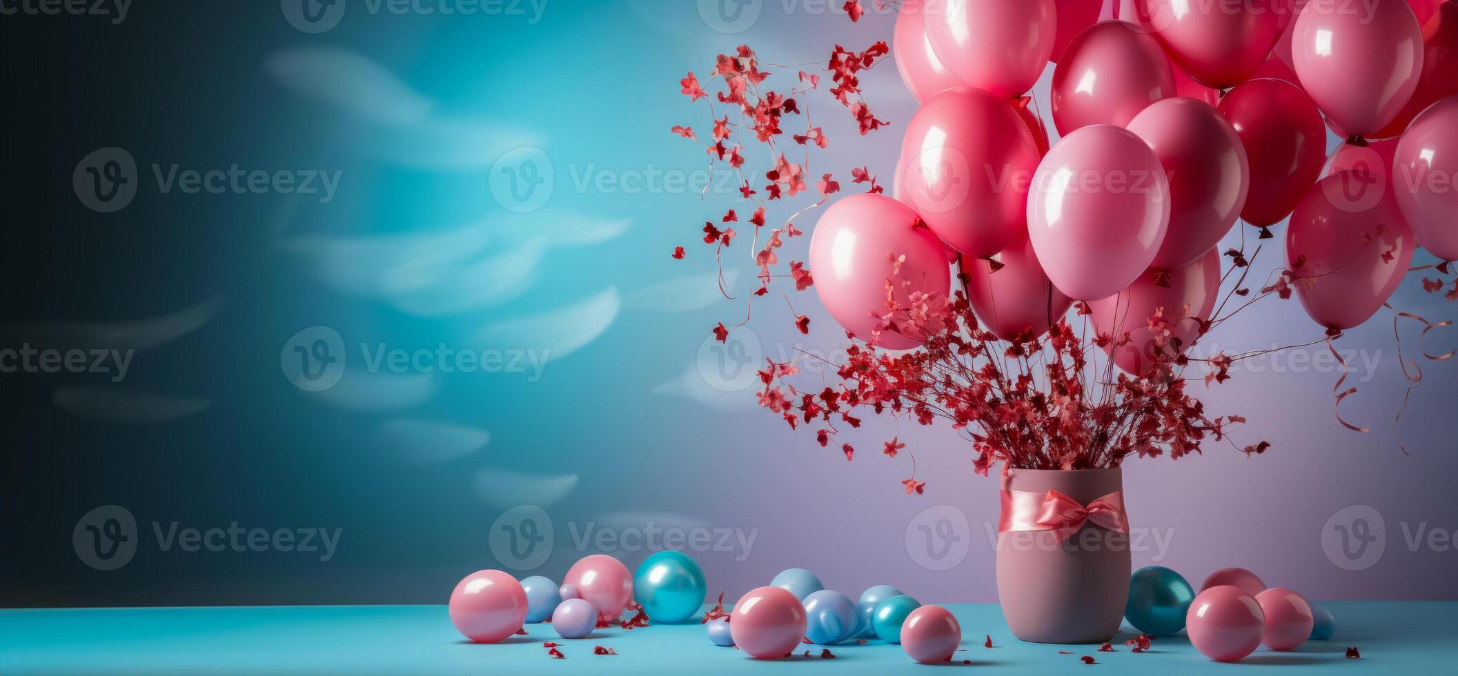 Pink balloons on blue background, gender reveal party banner idea, copy space. AI generated photo