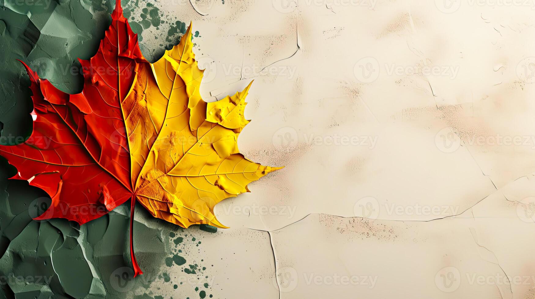 Drawing of Canadian maple leaf on plaster with copy space, autumn banner to school. AI generated photo