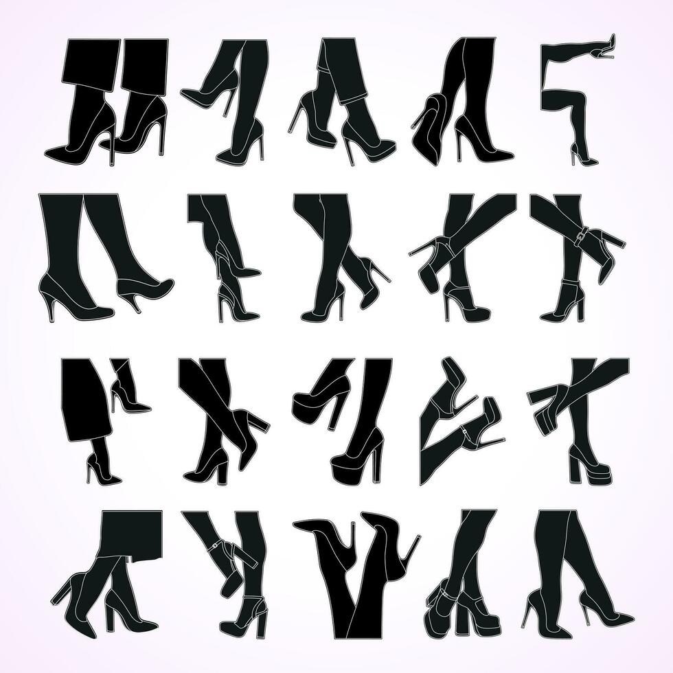 Set silhouette outline of female legs in a pose. Shoes stilettos, high heels. Walking, standing, running, jumping, dance vector