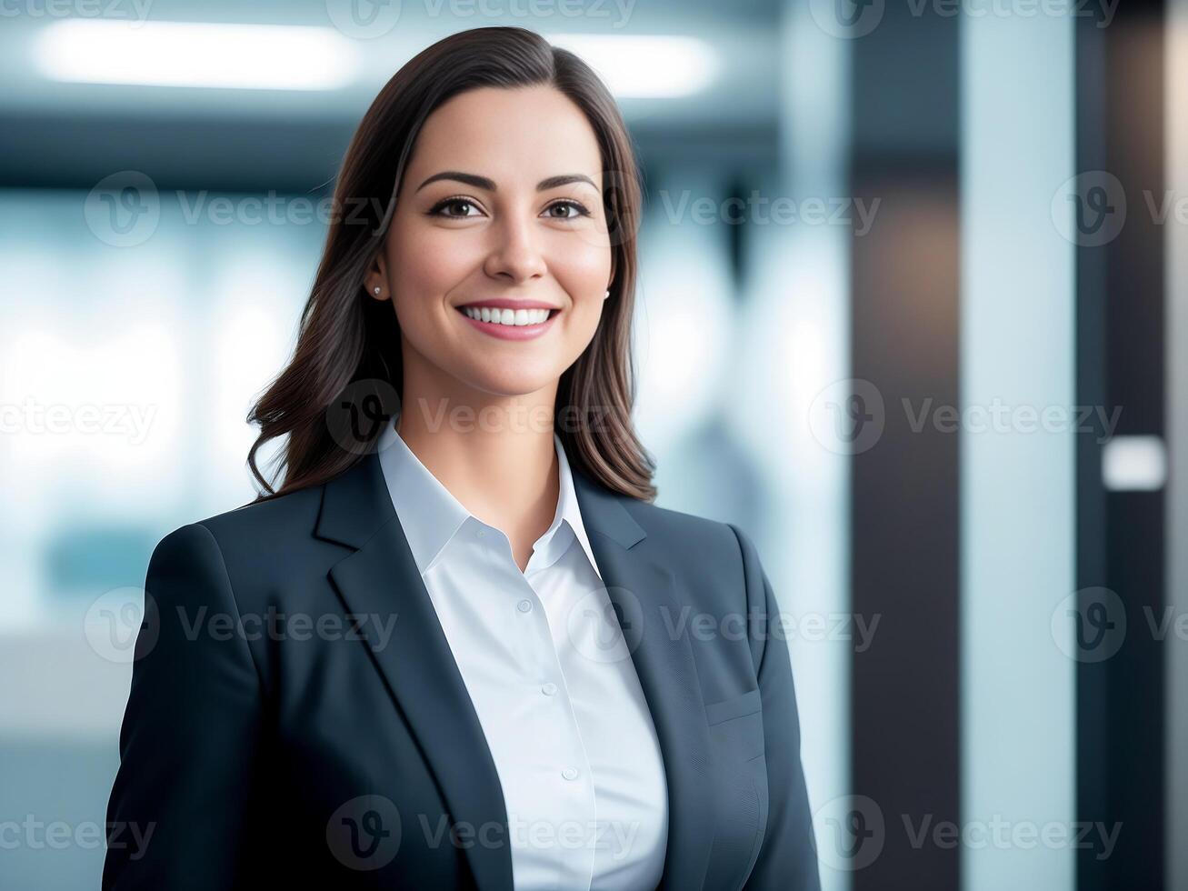 retrato de hermosa joven negocio mujer en traje, mirando a cámara y sonriente mientras en pie en oficina, ai generativo foto