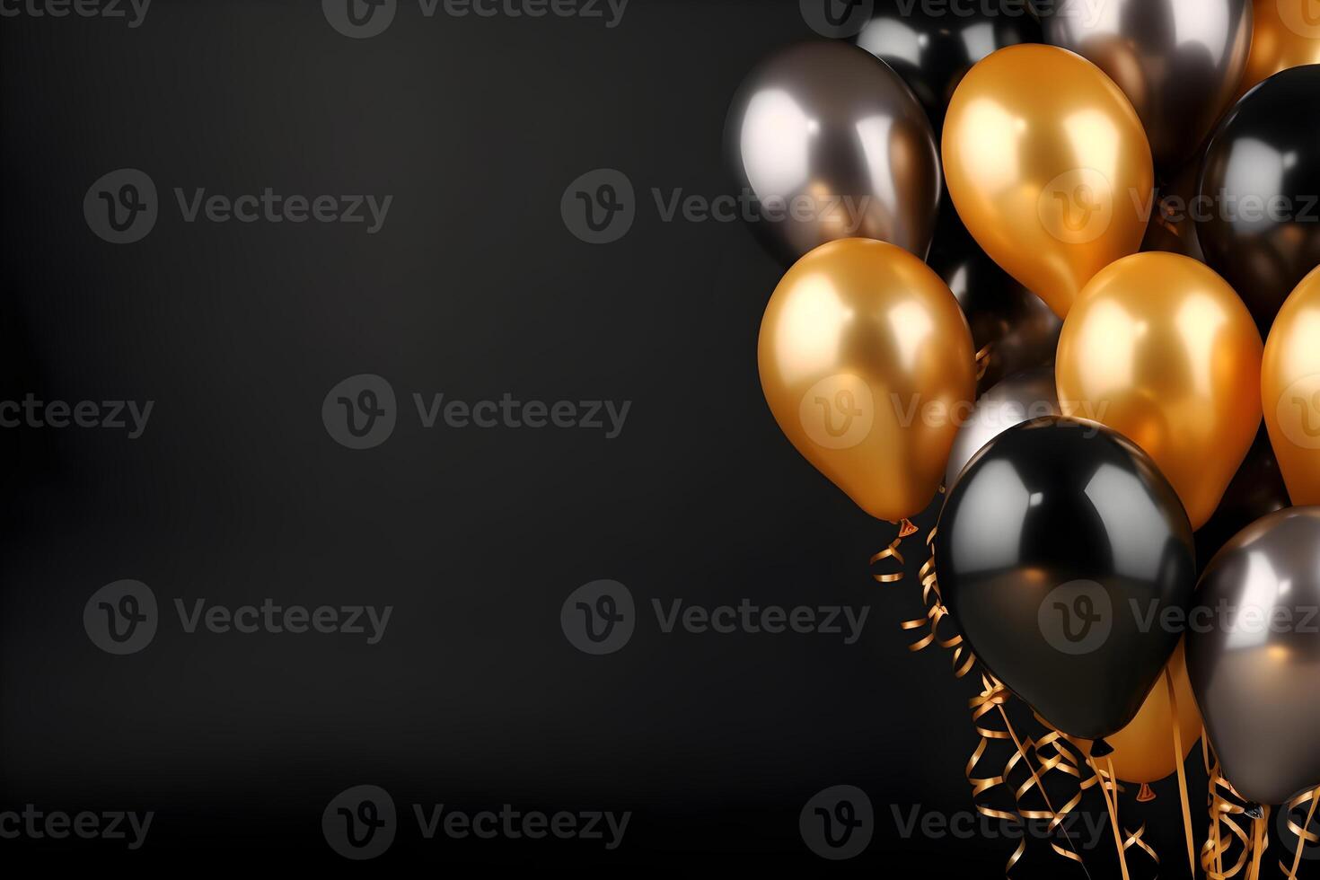 Glossy Black and Golden Party balloons with black background and copy space for text. photo