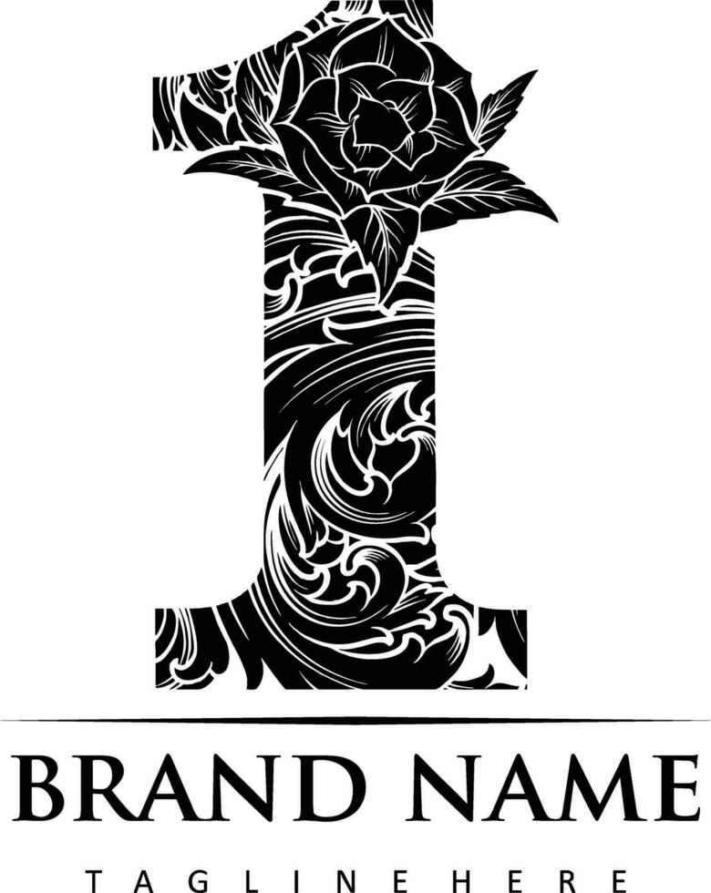 Whimsical engraved florals number 1 with monogram accent vector illustrations for your work logo, merchandise t-shirt, stickers and label designs, poster, greeting cards advertising business company