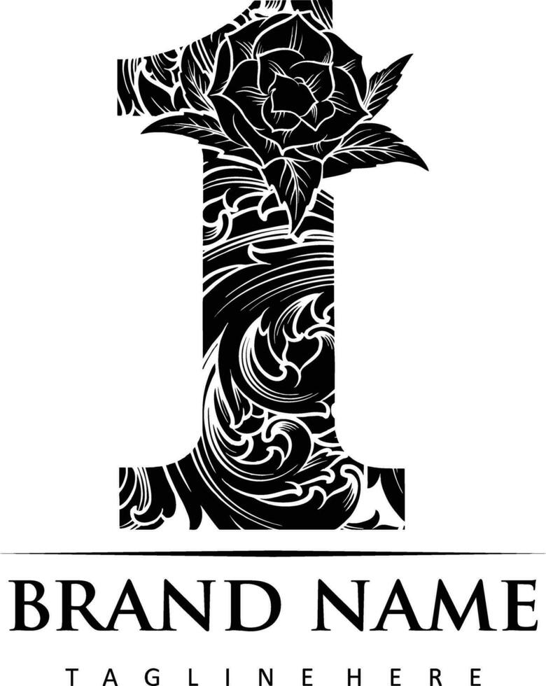 Whimsical engraved florals number 1 with monogram accent vector illustrations for your work logo, merchandise t-shirt, stickers and label designs, poster, greeting cards advertising business company