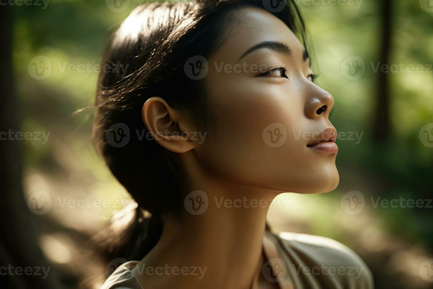 Portrait of an asian woman breathing fresh air in nature. Generative AI illustration. photo