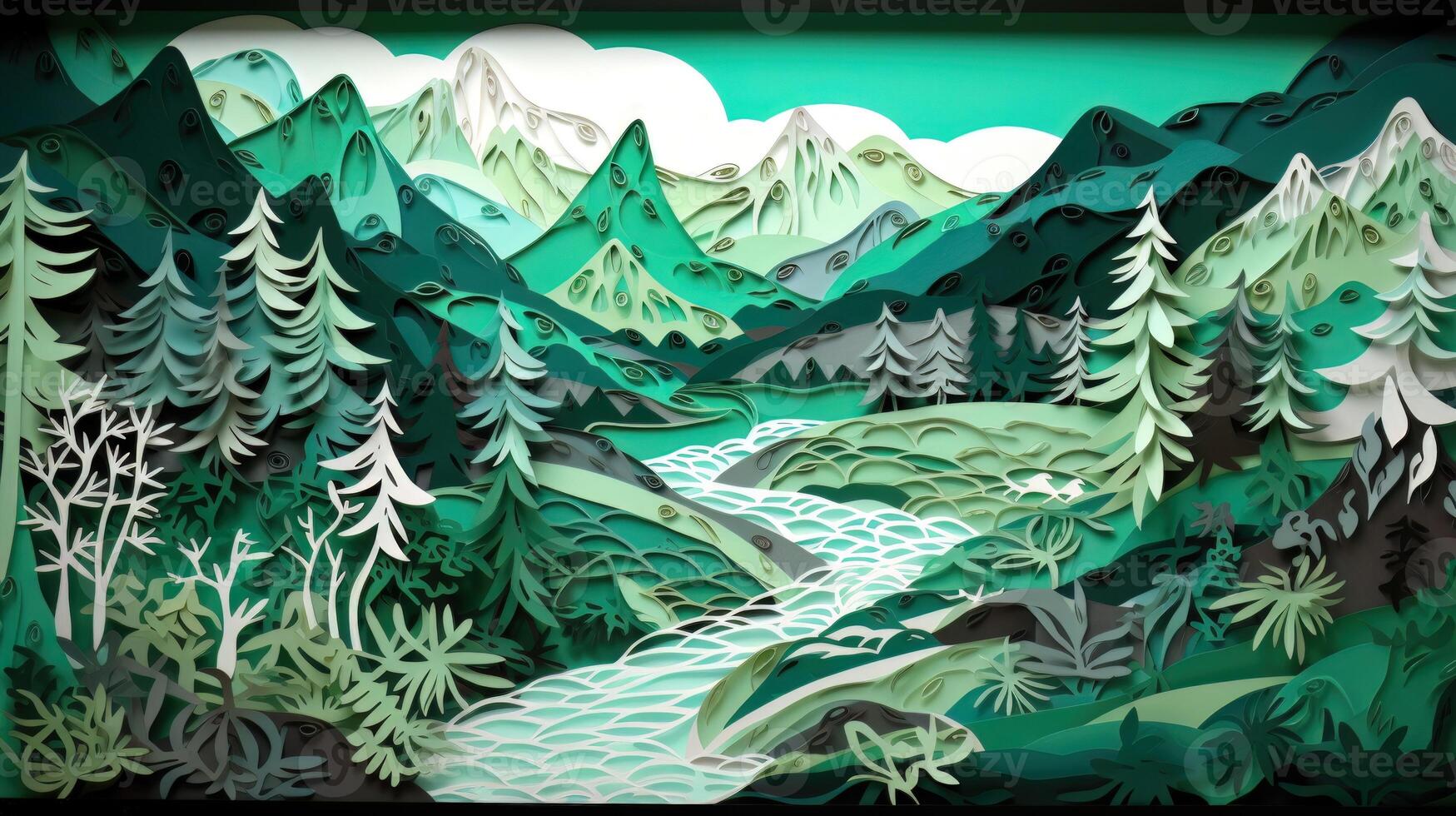 Paper cut art work with green nature forest. photo